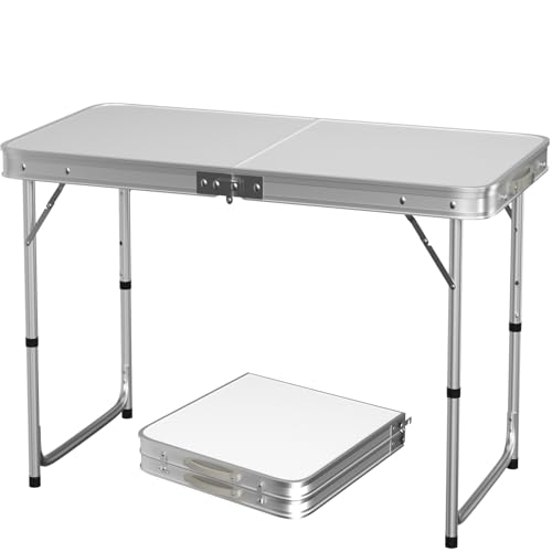 HSHa 120cm Folding Picnic Table, Aluminum Rectangle Camping Folding Table Adjustable Garden Outdoor Picnic Table Kitchen Work Top Table, 120x60x70/62/55cm (White)