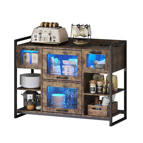 Lvifur 40.5" Display Cabinet - with 3 LED Light, Sideboard Buffet with Human Body Sensor & 3 Drawer& Glass Shelves for Toys, Books, Collectibles, Bookcase for Living Room, Kitchen, Study, Bl
