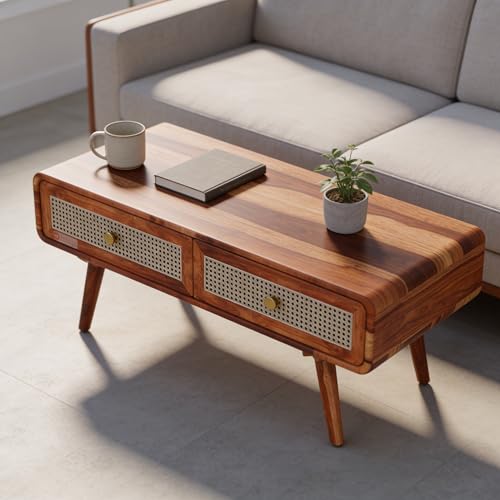 Image of DRIFTINGWOOD Amber Mid-Century Modern Solid Sheesham Wood Coffee Table - Wooden Center Table for Living Room with 2 Rattan Storage Drawers, Honey Finish