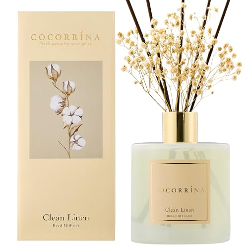 Image of COCORRINA Reed Diffuser - Clean Linen 17 Fl.oz Reed Diffuser with 8 Sticks Scented Diffuser with Preserved Flowers for Bathroom Home Decor