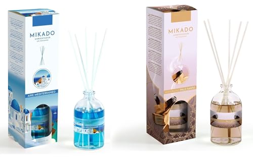 PCMOVILES Mikado Ambientador AIRE MEDITERRANEO Y MISTERIOSO PALO SANTO 100 ml – Pack de 2 Unidades – Aroma Fresco y Natural – Difusor de Varillas para Casa, Oficina y Armario