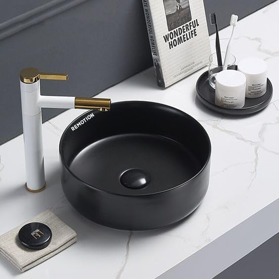 Image of REMOTION Round Countertop Wash Basin For Bathroom | Tabletop Ceramic Bathroom Sink | Wash Basin Over Counter | Wash Basin For Living Room, Resturent (12.5 x 12.5 x 5 Inch) (Matte Black)