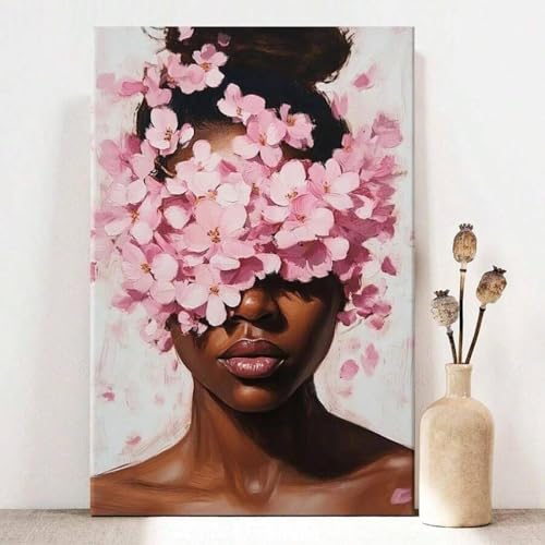 Peinture sur toile décoration salon, affiche d'art floral et fille africaine rose 80x120cm