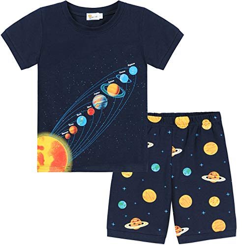 Little Hand Kids Boys Pajamas 100% Cotton Toddler Short Sleeve Space Planets Summer Clothes Tee Shirt & Pant Set 5T