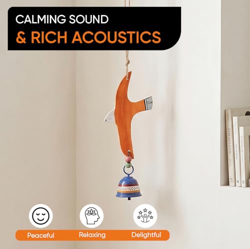 Image of Aakriti Art Creations Orange Flying Bird Wind Chime with Metal Bell | Handmade Wooden & Metal Wind Chime | Matte Decorative Wind Chimes for Balcony, Garden & Home, Living Room & Gifting