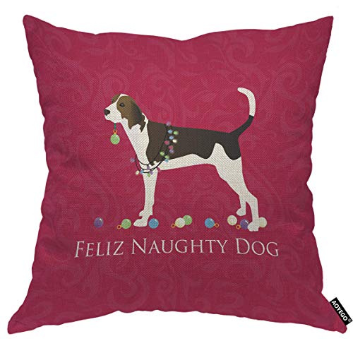 AOYEGO Harrier Dog Throw Pillow Cover Merry Christmas Feliz Naughty Dog Pillow Case 18x18 Inch Decorative Men Women Boy Girl Room Cushion Cover for Home Couch Bed