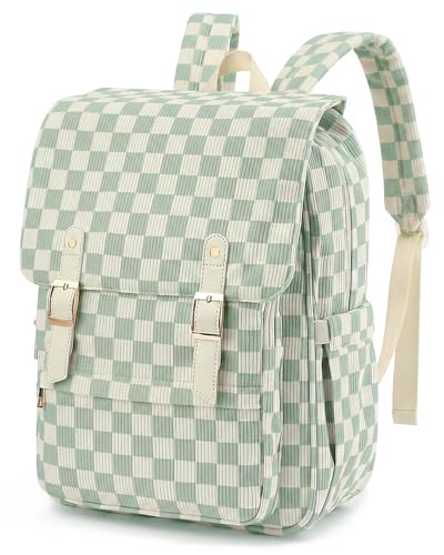 Image of Corduroy Laptop Backpack for Women, Fits 15.6 Inch Computer Bag, College Bookbag Travel Daypack Purse, Work Business Bags - Corduroy Checkered Green