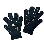 Fashion Every Day Girls Ice Skating Gloves Magic Stretch with Rhinestones Snow Flakes (Black/Ab Clear, one size)