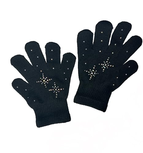 Fashion Every Day Girls Ice Skating Gloves Magic Stretch with Rhinestones Snow Flakes (Black/Ab Clear, one size)