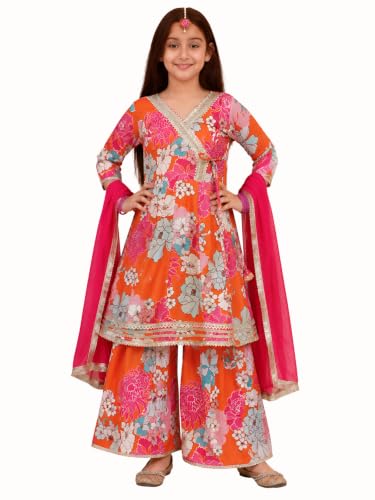 Image of Preneum Girls's Ethnic Cotton Bandhani & Lehariya Printed 3 /4 Sleeves Gotta Patti Angrakha Kurta with Sharara Set
