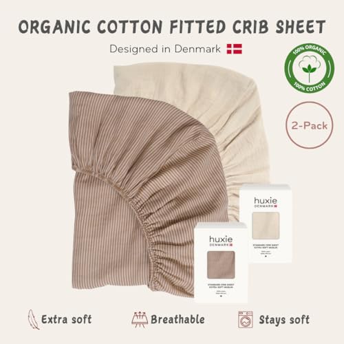 Image of Crib Sheets - Organic Cotton Muslin Fitted Crib Sheet - Standard Size for Baby Boy and Baby Girl 52 inch x 28 inch Ultra-Soft and Breathable. 2-Pack(Fog /Stripe)