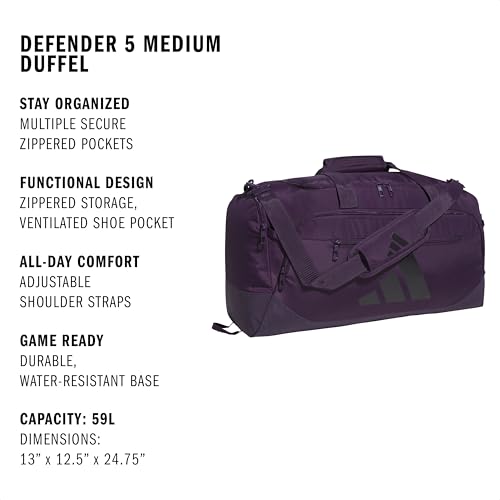 Image of adidas Defender 5 Duffel Bag for Sports, Gym and Travel, Aurora Plum Purple /Aurora Black, OSFA