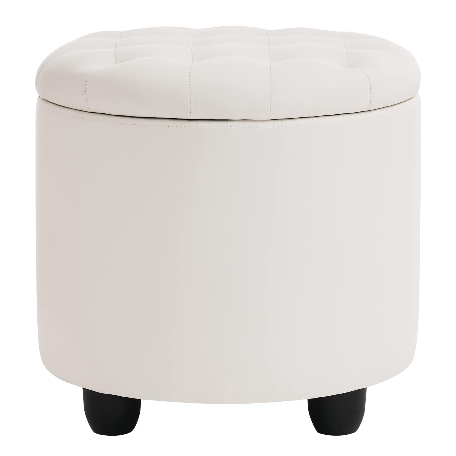 Furnimart Round Storage Ottoman with Cover Lid Tufted, 19" Round Ottoman with Storage Faux Leather Ottomans for Living Room Bedroom Dorm (Ivory White)