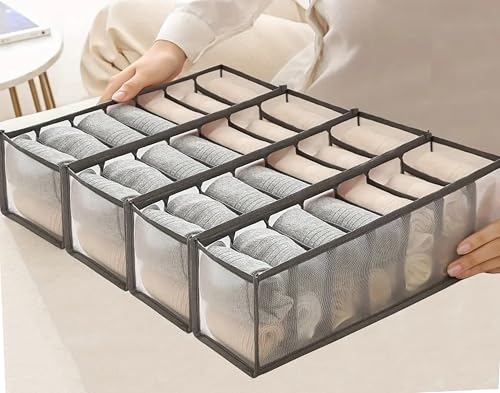 Image of atorakushon Mesh 4 Pack Socks Underwear Drawer Organizer 7 Divider Cell Collapsible Cabinet Closet Organizer Storage Boxes for Clothes, Socks, Lingerie, Underwear, Ties Grey