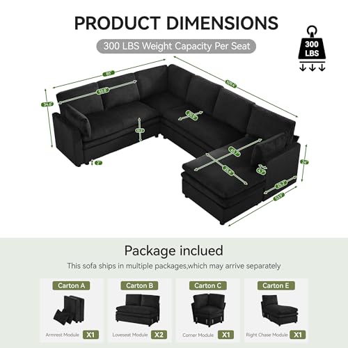 Image of 110 inch Sectional Couches with Right Chaise, Comfy Deep Dual-Layer Cushion Couch, 7 Seater U Shaped Couch, Modern Modular Sofa, Corduroy Sofas for Living Room, Apartment, Black