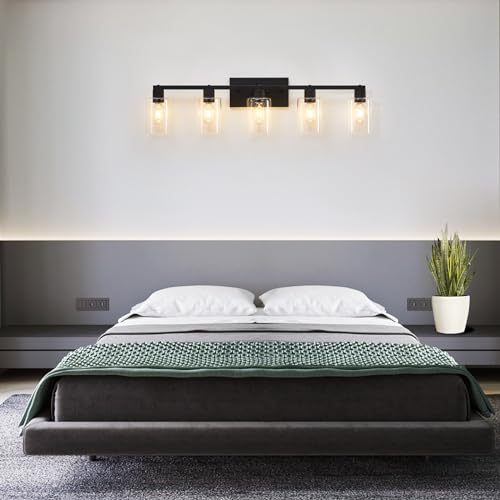 Image of 5 Light Vanity Lights for Bathroom, Black Bathroom Vanity Light, Large Vanity Light Fixtures, Bathroom Lighting Fixtures Over Mirror, Vanity Lights with Clear Glass for Bathrrom