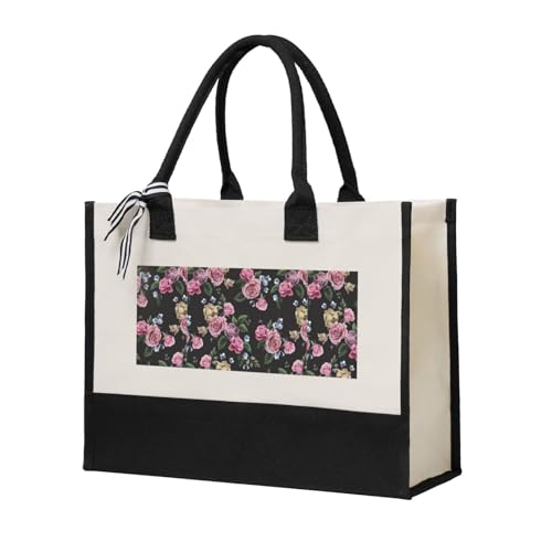 Sac fourre-tout en toile avec imprimé rose noire, le cabas beige idéal pour vos sorties