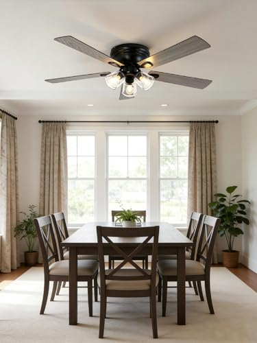 Image of 52 inch Flush Mount Vintage Ceiling Fan with Lights and Remote Control, Farmhouse Rustic Ceiling Fan Low Profile Fandelier Chandelier for Bedroom Living Room Kitchen, 3 E26 Bulbs (Not Included)