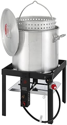 FEASTO 60QT Aluminum Boil Kit with Basket Perfect for Seafood Boiling and Steaming, Outdoor Propane Gas Cooker with Adjustable 0-10 PSI Regulator, Non-Assembly Frame Stand