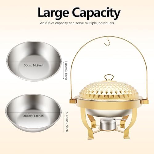 Stainless Steel Round Chafer Set, 8L/8.5QT Buffet Warmer with Hanging Lid, Ideal for Cafeterias, Family Gatherings, Banquets, Weddings, Catering Events