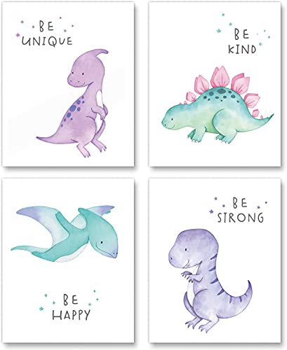 Image of Gubrandin Watercolor Dinosaur Print Motivational Quote Wall Art Nursery Bedroom Decoration Funny Animals Poster for Boys or Girls Bedroom (8x10 inch，Set of 4，Unframed)