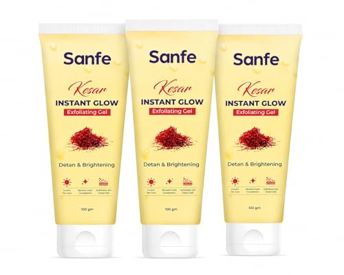 Image of Sanfe Kesar Instant Glow Exfoliating Gel | Visibly removes tan & brighten skin | AHA Exfoliation in Minutes | Smooth & Bright Skin | (Pack of 3) 300g