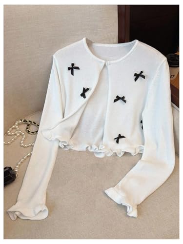 OYOANGLE Girl's Bow Cardigan Sweater Long Sleeve Open Front Ruffle Trim Lightweight Bolero Shrugs3