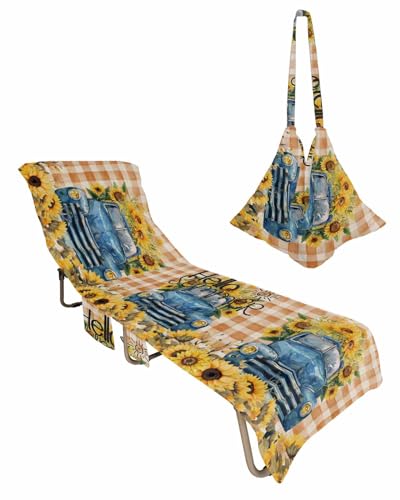 Sunflower Truck Beach Lounge Chair Towel Cover, Soft Chaise Lounge Towel with Side Pockets Patio Pool Chairs Cover for Beach/Pool Sunbathing 29x85 Blue Car Country Rustic Checkered Spring