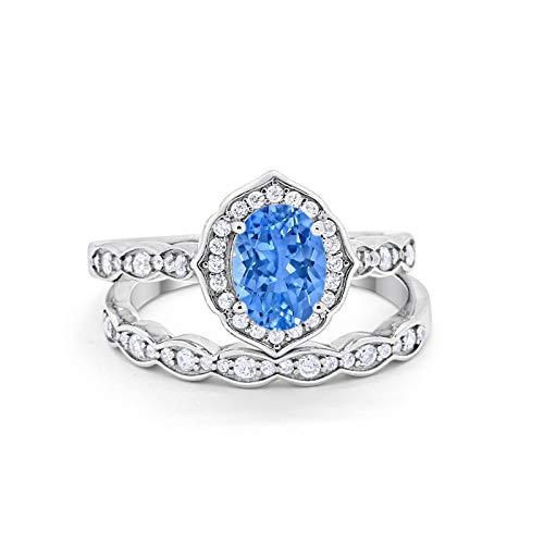 Two Piece Art Deco Vintage Style Wedding Engagement Bridal Set Ring Band Oval Round Simulated Blue Topaz Cubic Zirconia 925 Sterling Silver Size-7