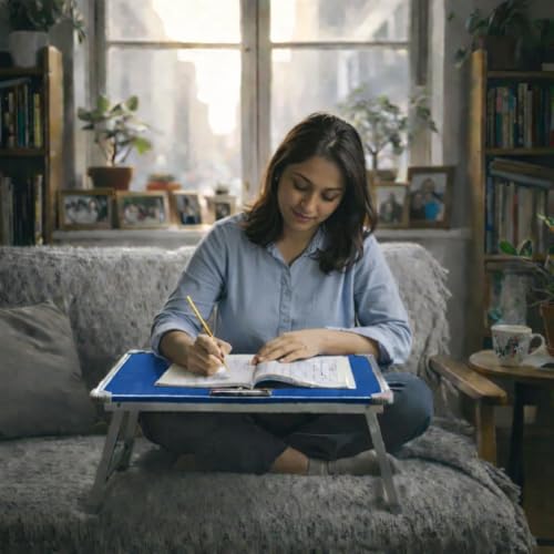 Image of YAJNAS Multipurpose Portable Study Laptop Table (15 x 23 Inch) | Height Adjustable Foldable Lap Desk & Bed Table for Kids, Home, Office, Online Classes & Learning - Blue