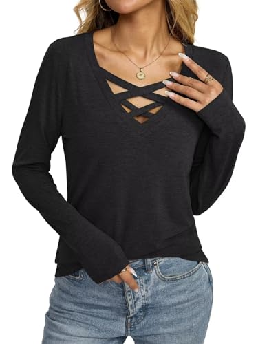 Womens V Neck Long Sleeve Shirts Criss Cross Sexy Tops Casual Loose Fit Tee Going Out Fall Fashion Clothes 20254