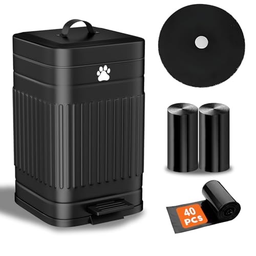 Dog Poop Trash Can Outside, 5L/1.3Gal Metal Dog Waste Trash Can with Lid, Foot Pedal, Dog Waste Container with 40 Waste Bags, Dog Poop Bucket with Lid Soft Close for Pet, Black