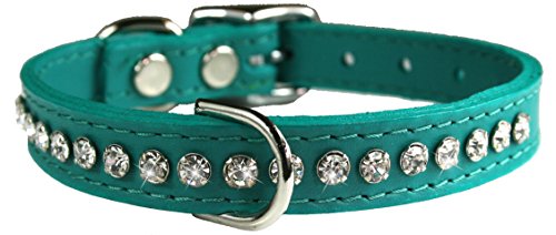 Image of Signature Leather Crystal Dog Collar, Jade Solid Grain Leather, Fits 11.5 inch-13.5 inch Neck Size, 16 inch Overall Length