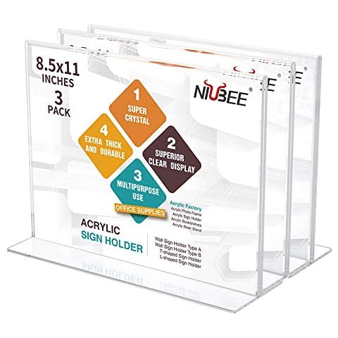 NIUBEE Acrylic Sign Holder 8.5x11 Inches 3 Pack Horizontal, T Shape Double Sided Clear Lucite Frames, Plastic Paper Flyer Display Holder, Document Menu Table Stand for Office, Store -Landscape Cover