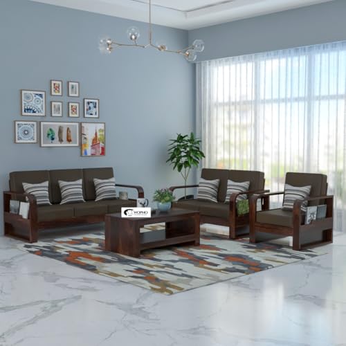 Image of Sheesham Wooden 6 Seater Sofa Set for Living Room | Solid Wood Sofa with Side Pocket Storage & Cushion | Rosewood Sofa for Home & Office | Lounge (Walnut with Brown Cushion, 6 Seater)