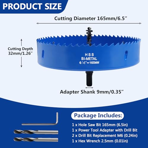 Image of 6.5 Inches /165mm Bi-Metal Hole Saw w /Arbor & Pilot Bit
