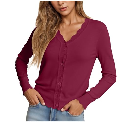Women's Cardigan Sweater V Neck Lightweight Button Front Knit Tops Wine - image 2