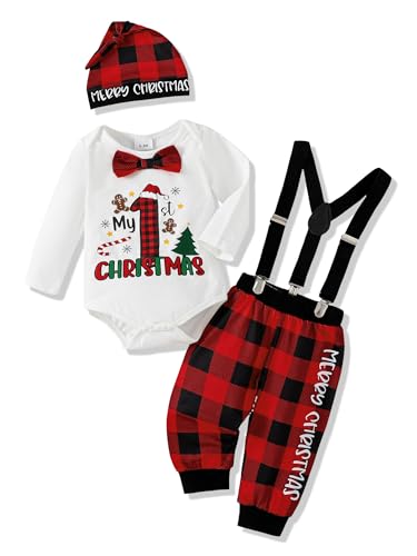 Image of AMAWMW Infant Baby Boy Christmas Outfit My First Christmas Romper Red Plaid Pants Hat 3Pcs Clothes Sets, Red, 9-12Months