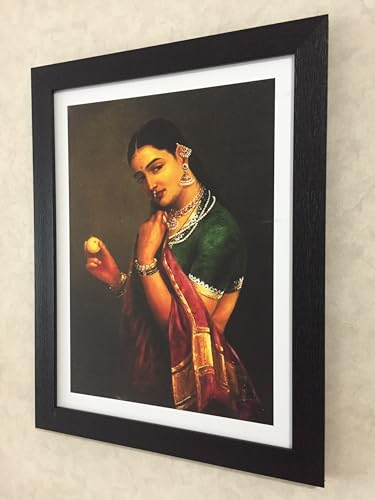 Image of Adventures� *Women in Red Sarees*- Two Paintings by Raja Ravi Varma, Set of 2 Wall D�cor Frames. Matt Satin Print with MDF & 1 inchPS Black Frame. Size 14 inchx18 inch each.
