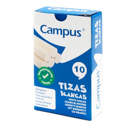 Campus – 10 Tizas Blancas para Pizarra, Formula sin Polvo y Fácil de Limpiar, de Escritura Suave, Perfectos para Uso Escolar, Caja de 10 Tizas para Pizarra