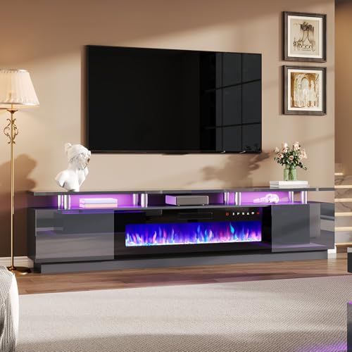 Image of AMERLIFE 90 inch High-Gloss Fireplace TV Stand with 50 inch Electric Fireplace | Gray /Black LED TV Console, Modern Living Room Entertainment Center, Fits TVs up to 100 inch, 2 Cabinets, 2-Tier Storage Space