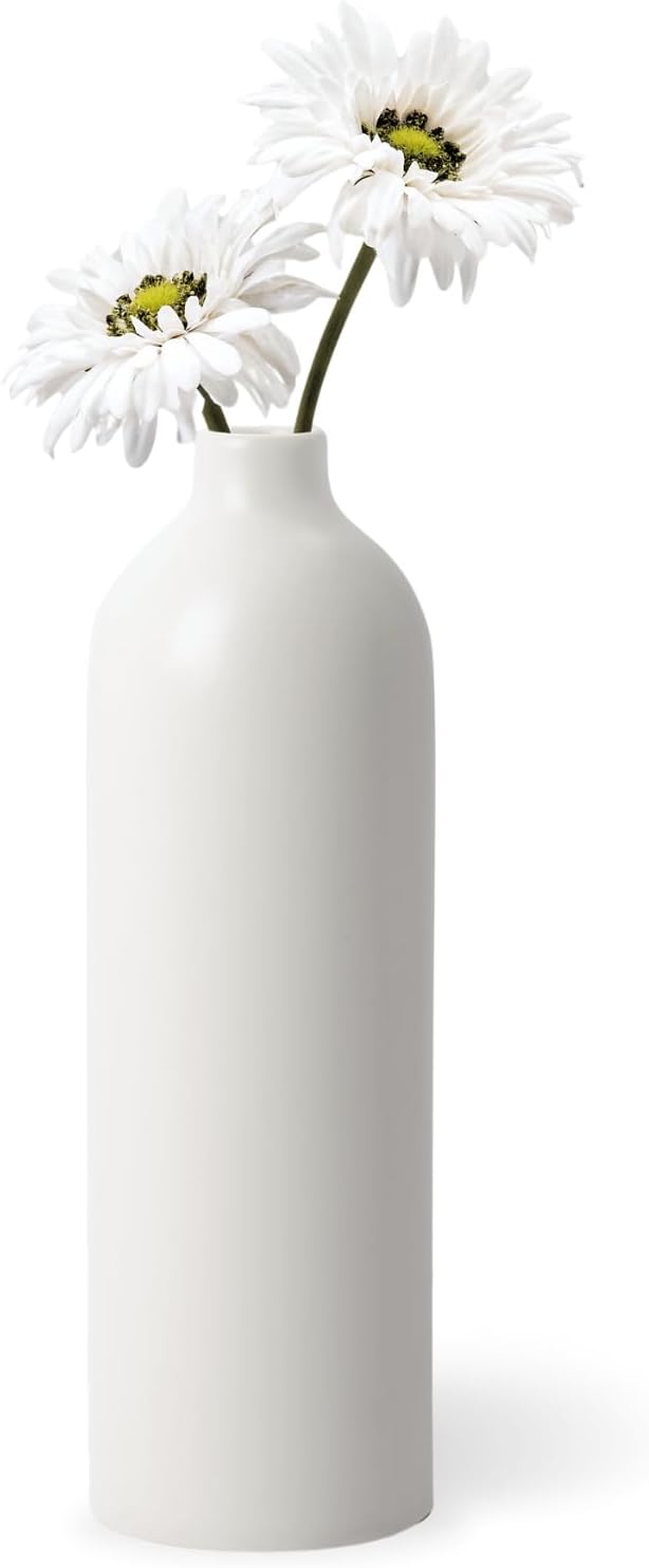Torre & Tagus 11 Inch White Ceramic Vase for Flowers Home Decor - Matte Table Vase, Smooth Finish with Modern Decor Design, Sized for Mantels, Shelfs, Tables, Desk (Komi 3.5" x 11"H)
