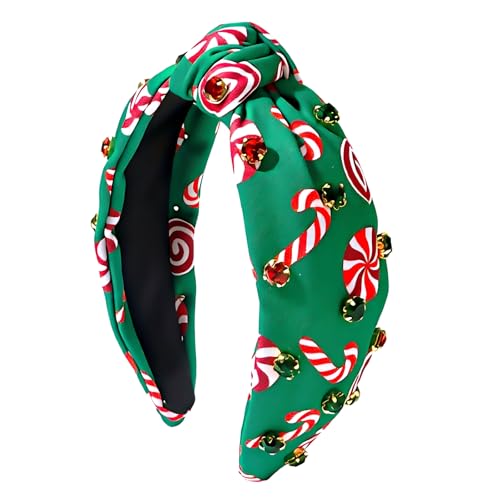 BAISUYANG Christmas Headbands for Women Candy Canes Crystal Knotted Headband Jeweled Wide Top Knot Hairband Hair Accessories Gifts Holiday Headwear (Green)