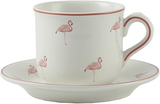 Farmhouse Animal Pattern Cup and Saucer for Drinking, 8.5 Fl oz220ml, Ceramic Coffee Mugs for Specialty Coffee Drinks, Latte, Cafe Mocha and Tea, White with Animal Illustration Flamingo