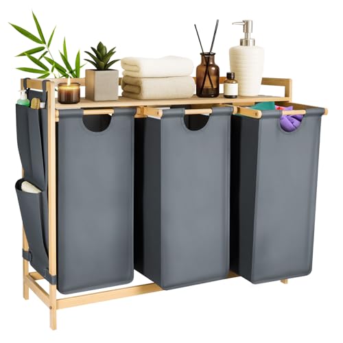 KingSaid Panier à Linge 3 Compartiments 135L en Bambou, Corbeille à Linge avec Étagère et...