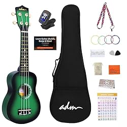 ADM Soprano Ukulele Set for Kids and Beginners, Ukulele Starter Kit with Bag, Clip-On Tuner, Rainbow Strings, Colourful Strap, Plectrum, Fingerboard Sticker, Chord Card (Green)
