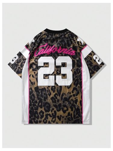 WDIRARA Men's Cheetah Letter Graphic Tees Oversized V Neck Short Sleeve Jersey T Shirt Tops2