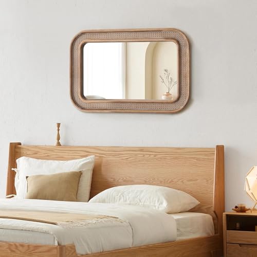 Micasso Handmade Rattan Mirror for Wall: 24"x36" Solid Wood Frame Bamboo Mirror - Distressed Finish Suit for Natural Style - Rustic Shabby Chic Wicker Mirrors for Farmhouse/Entryway for Nature Lovers