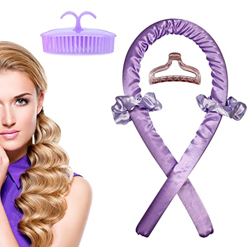 Women Heatless Curling Rod Rollers,No Heat Curling Rod Headband with Hair Clips and Scrunchie, Curl Ribbon Rod Wave, Soft Silk DIY Hair Styling Tools Kit (Purple)