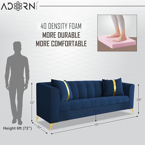 Image of Adorn India Premium Mystic - 3 Years Warranty - 3 Seater Sofa Velvet Suede Fabric - Blue